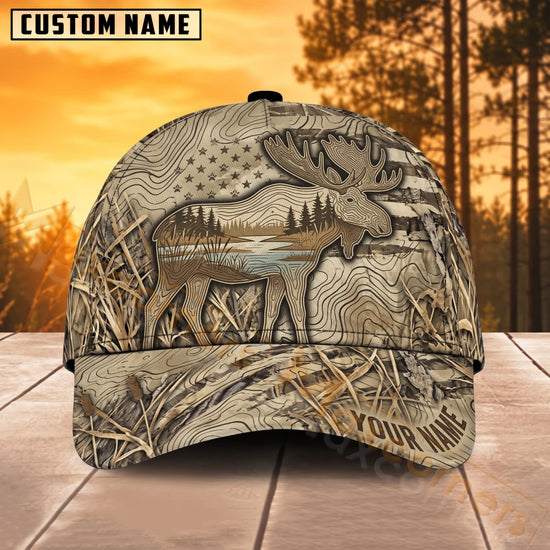 Maxcorners Moose Hunting Marsh Grass Camo Personalized Name 3D Cap