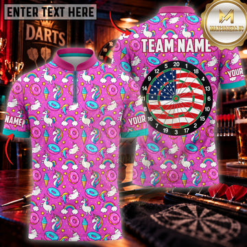 Maxcorners Darts Cute Pink Cartoon Pattern American Flag Dartboard Personalized Name 3D Unisex Shirt