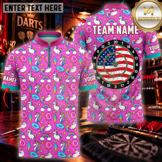 Maxcorners Darts Cute Pink Cartoon Pattern American Flag Dartboard Personalized Name 3D Unisex Shirt