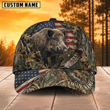Maxcorners Bear Hunting American Flag Woodland Camo Personalized Name 3D Cap