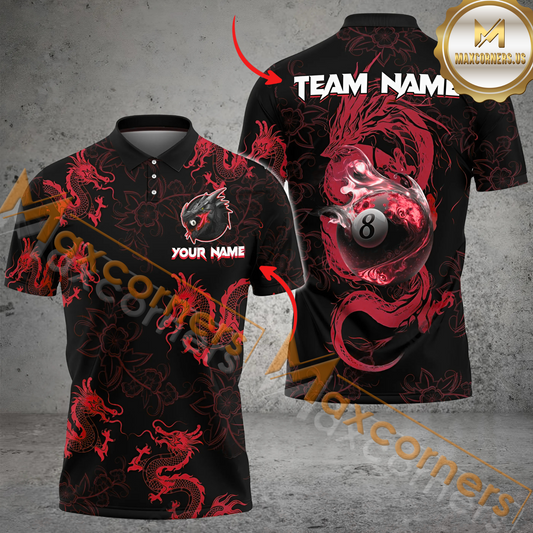 Maxcorners Ball 8 Flame Dragon Billiard Jersey Multicolor Options Personalized Name, Team Name 3D Polo Shirt (4 Colors)