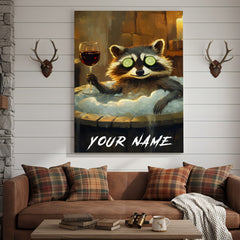 Maxcorners Funny Raccoon Hot Tub Spa Holding Wine Glass Personalized Canvas Wall Art