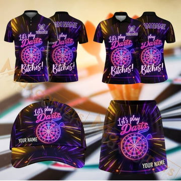 Maxcorners Darts Purple Bowling League Style Dartboard Design Personalized Team Sportswear Set - Polo Shirt, Cap & Skorts