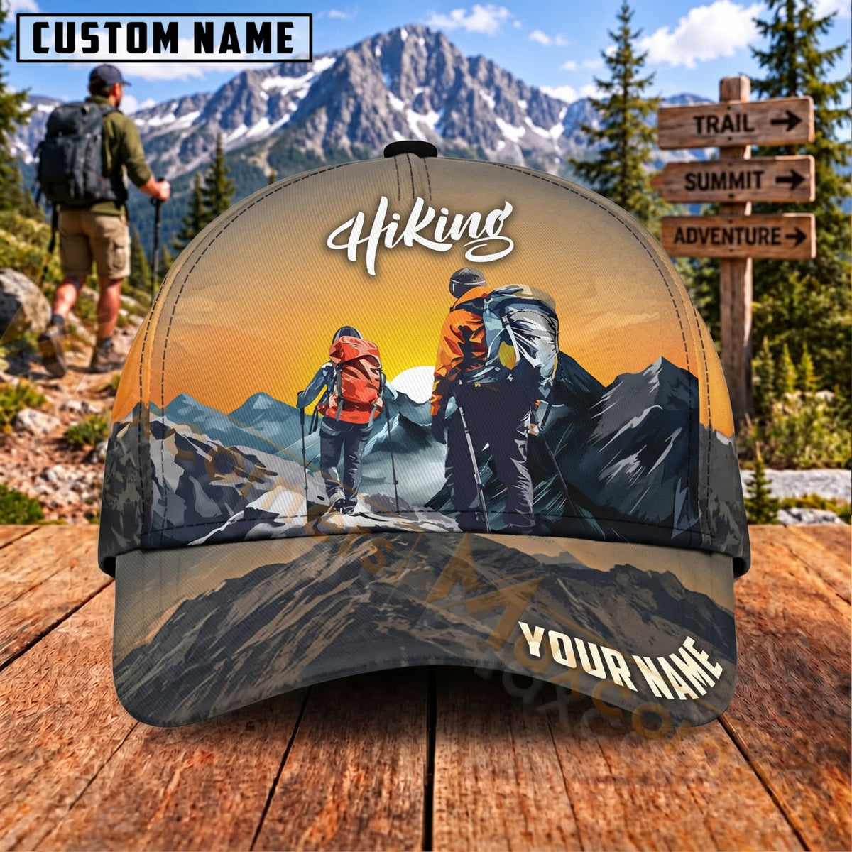 Maxcorners Hiking Hikers Sunset Mountain Trail Adventure Personalized Name 3D Cap
