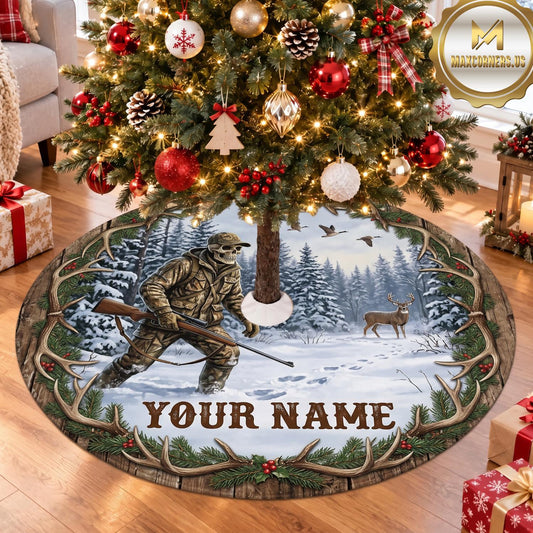 Maxcorners Hunting Deer Snowy Pine Forest Personalized Name 3D Christmas Tree Skirt