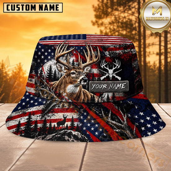 Maxcorners Deer Hunting Patriotic Skull Flag Personalized Name 3D Bucket Hat