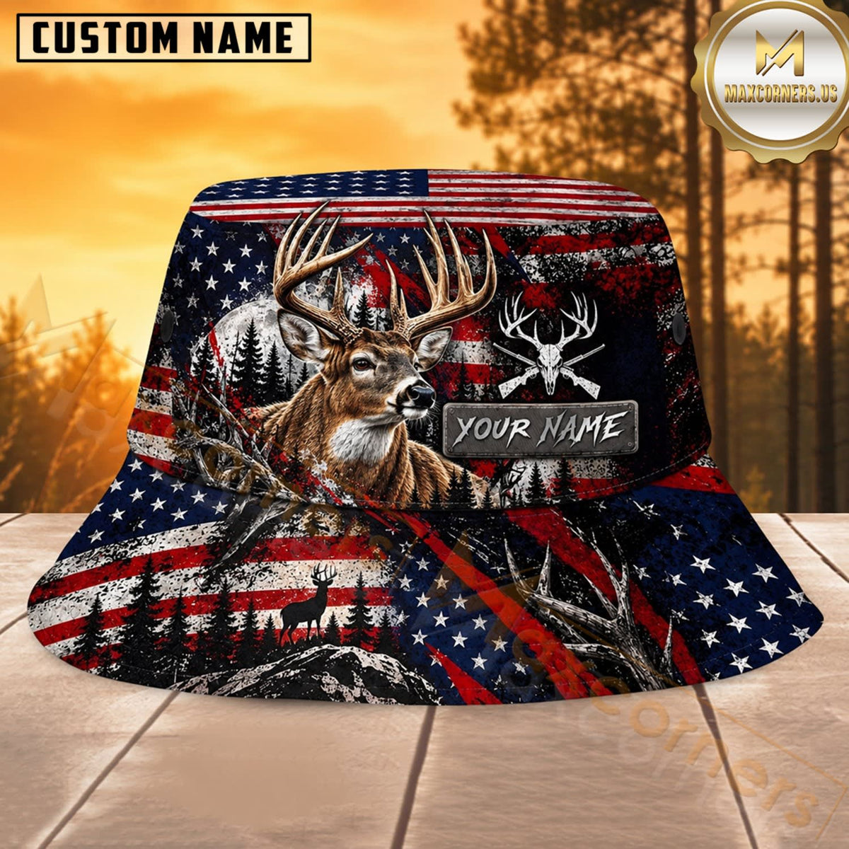 Maxcorners Deer Hunting Patriotic Skull Flag Personalized Name 3D Bucket Hat