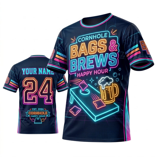 Maxcorners Cornhole Bags And Brews Colorful Neon Personalized Name 3D Unisex Shirt