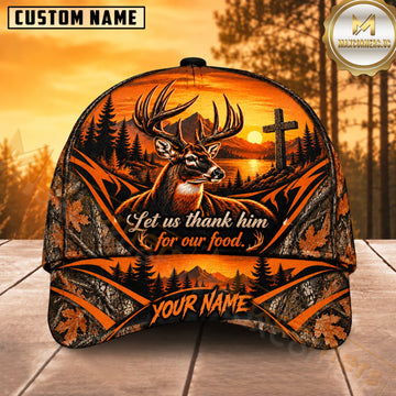 Maxcorners Deer Hunting Whitetail Buck Let Us Thank Him for Our Food Sunset Pine Camo Customized Name 3D Cap