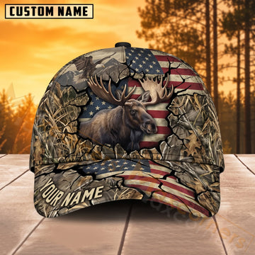 Maxcorners Moose Hunting American Flag Rustic Camo Personalized Name 3D Cap