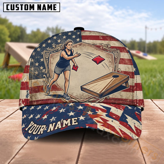 Maxcorners Cornhole American Flag Female Player Personalized Name 3D Cap