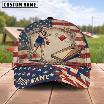 Maxcorners Cornhole American Flag Female Player Personalized Name 3D Cap