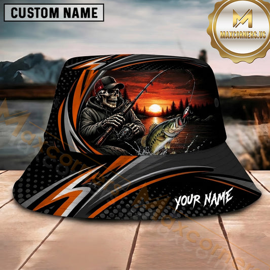 Maxcorners Skeleton Angler Fishing Orange Sunset Personalized Name 3D Bucket Hat (12 Fish Species)