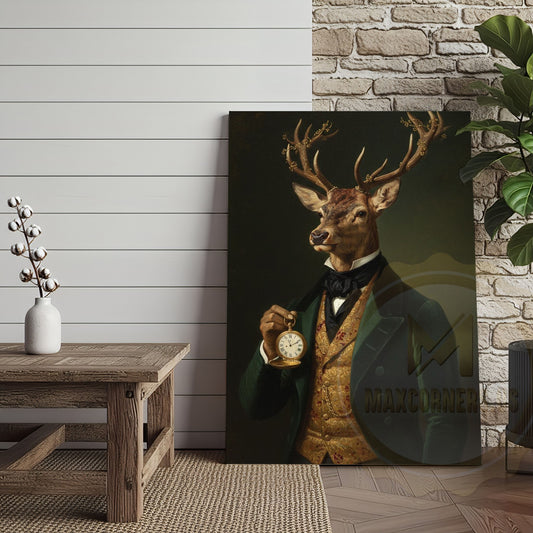 Maxcorners Vintage Deer Gentleman with Gold Pocket Watch in Dark Green Suit Wrapped Canvas Wall Art