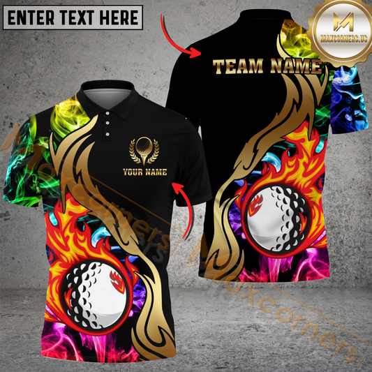 Maxcorners Fire & Smoke Golf Ball Golden Pattern Multicolor Customized Name, Team Name 3D Shirts