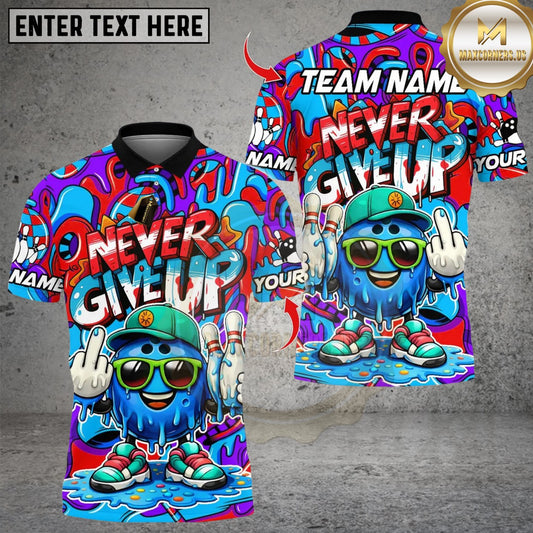 Maxcorners Bowling Never Give Up Cartoon Ice Cream Multicolor Customized Name, Team Name 3D Shirt