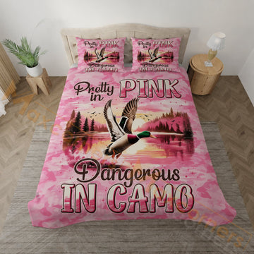 Maxcorners Hunting Pretty Pink Dangerous In Camo Deer Design Bedding Set 3D Print Custom Name