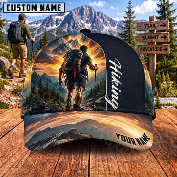 Maxcorners Hiking Lone Hiker Fiery Mountain Sunset Adventure Personalized Name 3D Cap