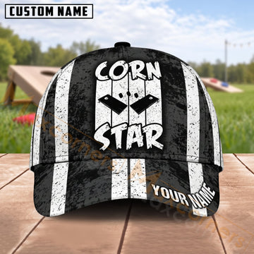 Maxcorners Cornhole Corn Star Black & White Stripe Design Personalized Name 3D Cap
