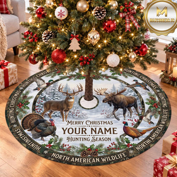 Maxcorners Hunting Moose Deer Winter Mountains Personalized Name 3D Christmas Tree Skirt