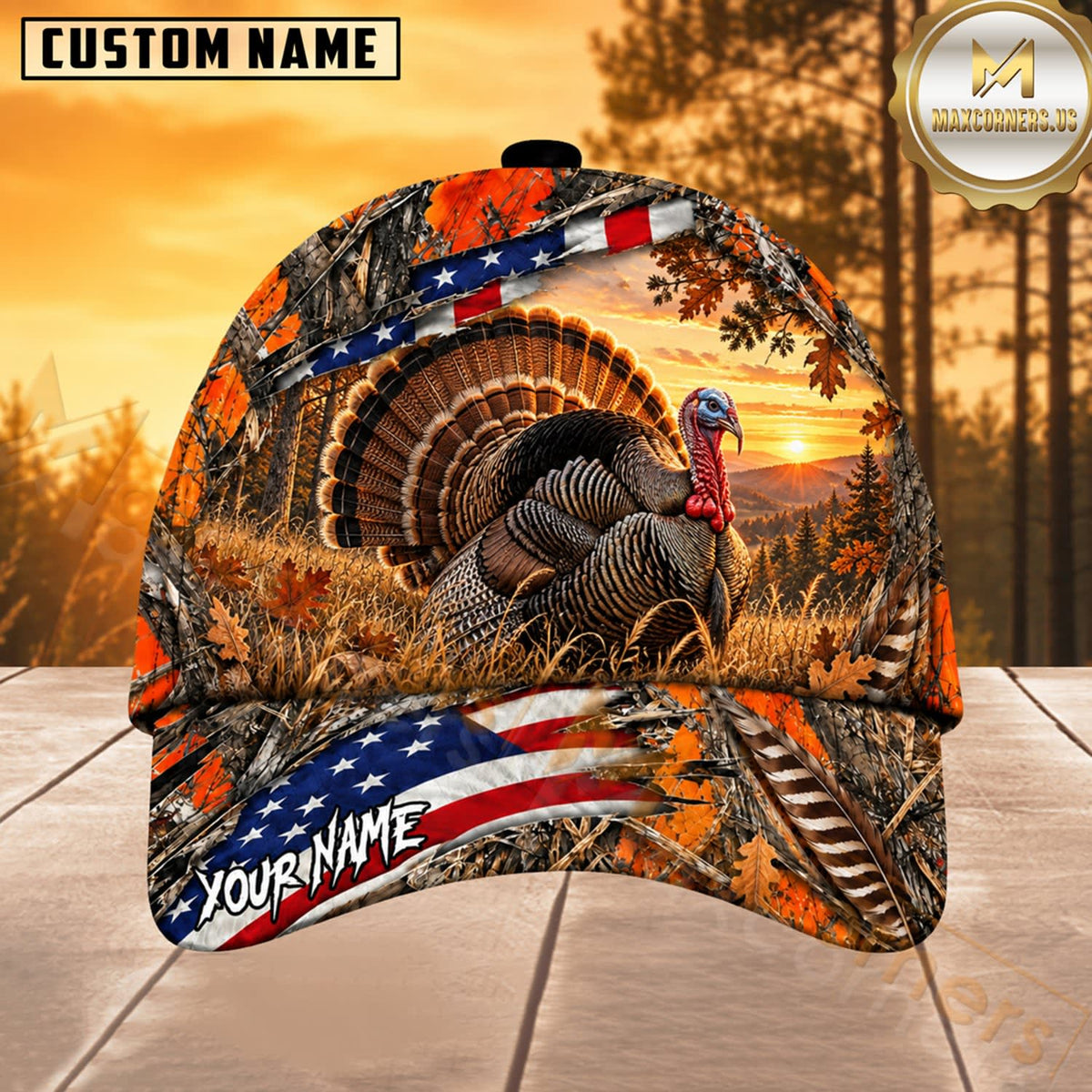 Maxcorners Hunting  American Flag Orange Camo Hunting Scene Multiple Options Personalized Name 3D Cap