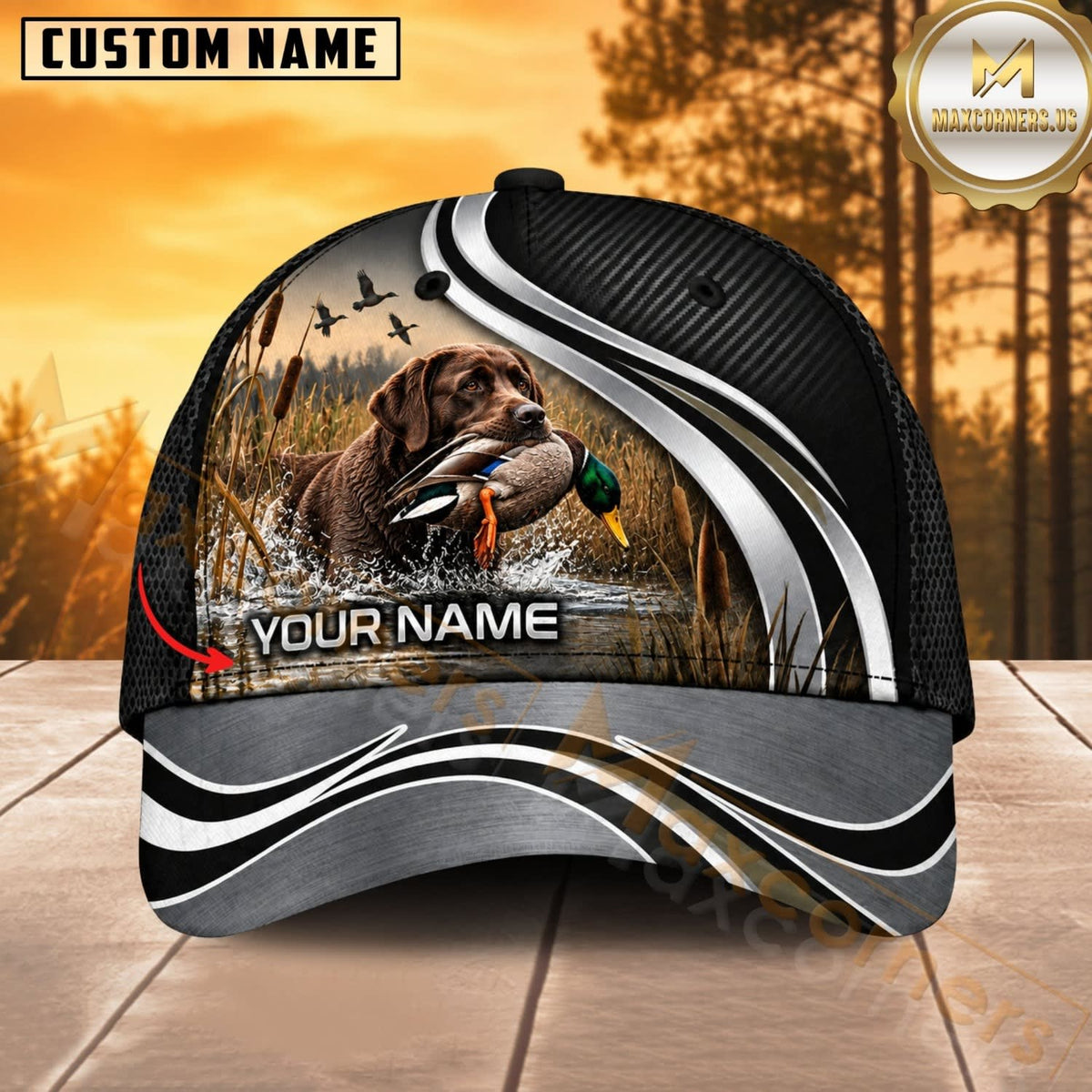 Maxcorners Dog Hunting And Duck Hunting Dog Black Silver Wave Personalized Name 3D Cap
-