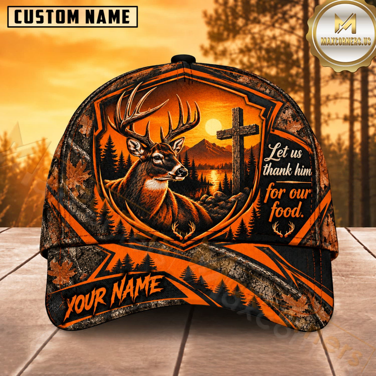 Maxcorners Deer Hunting Whitetail Buck Let Us Thank Him for Our Food Side Quote Orange Camo Customized Name 3D Cap