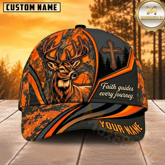 Maxcorners Deer Hunting Whitetail Deer Skull Faith Quote Orange Black Woodland Camo Customized Name 3D Cap