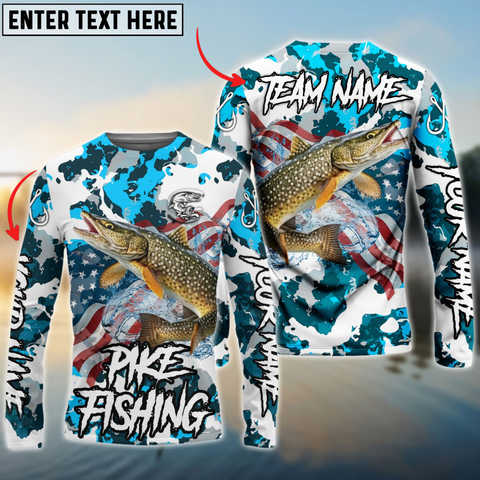 Maxcorners Pike Fishing American Flag Light Blue Camo Personalized Name, Team Name 3D Long Sleeve Shirt