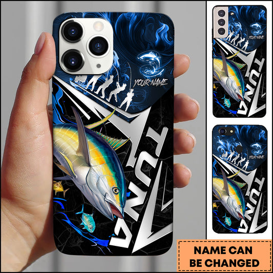 Maxcorners Yellowfin Tuna Fishing Blue Smoke Angler Silhouette Personalized Name 3D Phone Case
