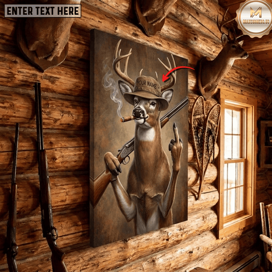 Maxcorners Deer Hunting Funny Buck Hat Cigar Rifle Middle Finger Personalized Canvas Wall Art