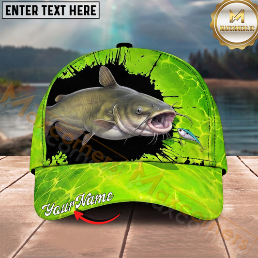 Maxcorners Fishing Neon Green Lure Design Personalized Name 3D Cap (12 Fish Species)