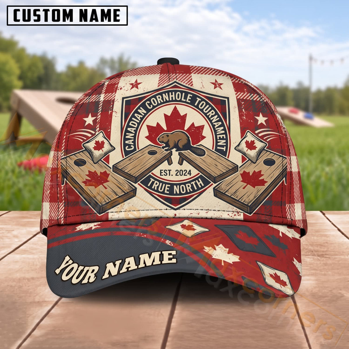Maxcorners Cornhole Canadian Maple Leaf Club Emblem Personalized Name 3D Cap
