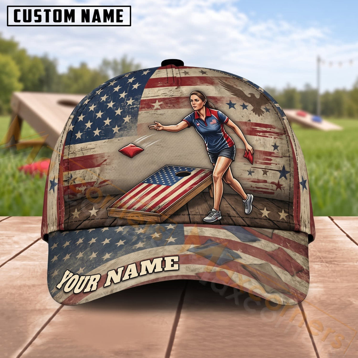 Maxcorners Cornhole American Flag Female Player Rustic Backyard Personalized Name 3D Cap
