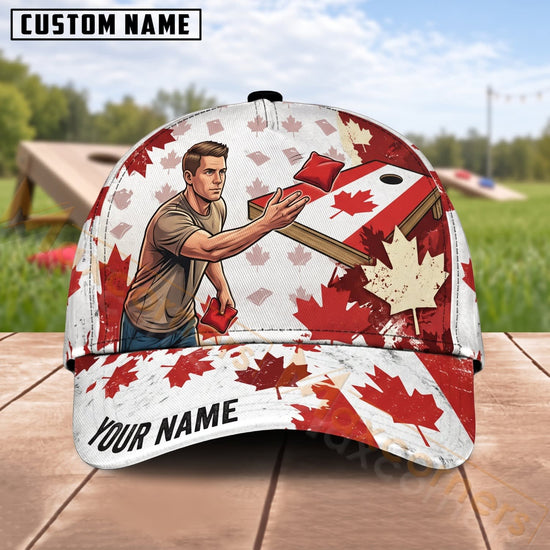 Maxcorners Cornhole Canadian Flag Male Player Maple Leaf Personalized Name 3D Cap
