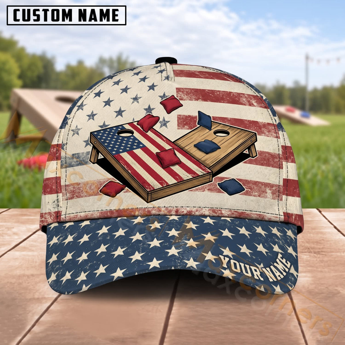 Maxcorners Cornhole American Flag Boards And Bean Bags Personalized Name 3D Cap