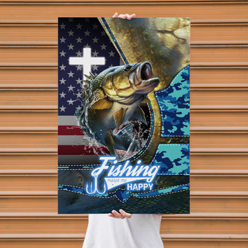 Maxcorners Largemouth Bass Fishing Faith Cross USA Flag Power Art Personalized Name 3D Poster