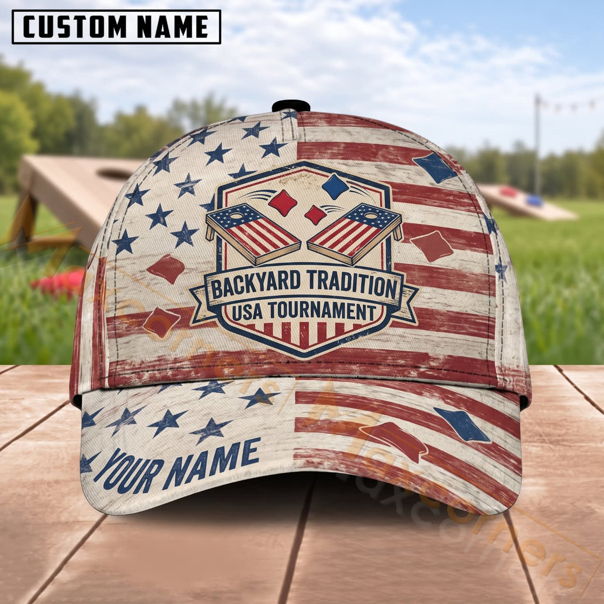Maxcorners Cornhole Backyard Tradition USA Tournament Patriotic Badge Personalized Name 3D Cap