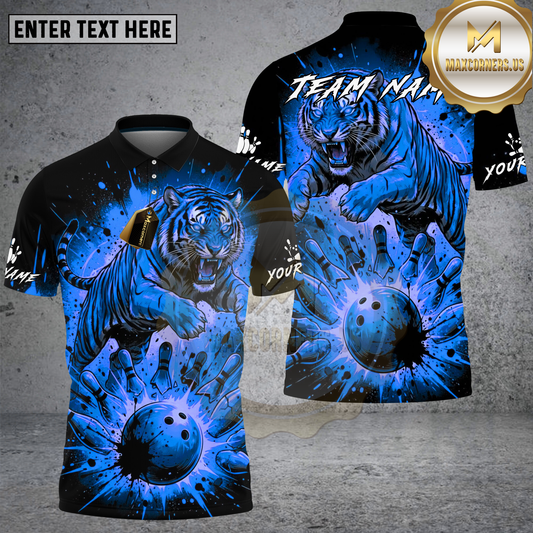 Maxcorners Bowling Shirt Leaping Tiger Fire Effect Multicolor Options Personalized Name, Team Name 3D Shirt (4 Colors)