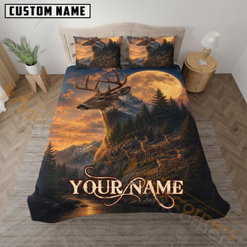 Maxcorners Deer Hunting Full Moon Mountain Custom Name 3D Bedding Set