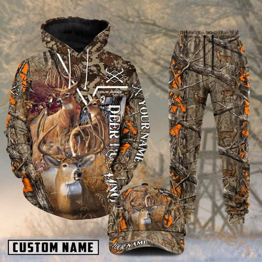 Maxcorners Hunting Trophy Whitetail Buck Orange Leaf Woodland Camouflage Personalized 3D Combo Hoodie, Sweatpants Set & Cap