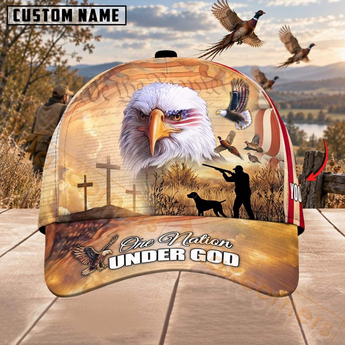 Maxcorners Upland Bird Hunting Bald Eagle Hunter Under God Personalized Name 3D Cap