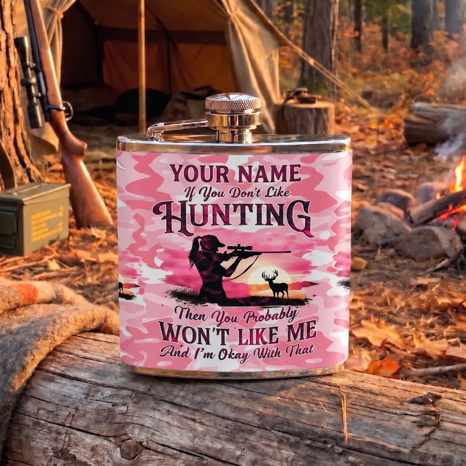 Maxcorners Hunting Pink Camo Hunting Quote Design Personalized Name 3D Hip Flask
