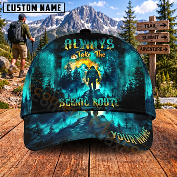 Maxcorners Hiking Always Take The Scenic Route Forest Mountain Adventure Personalized Name 3D Cap
