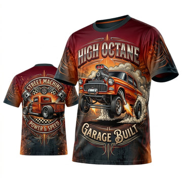 Maxcorners Personalized Car Classic Muscle Car 3D T-Shirt – High Octane Burgundy Orange Garage Built