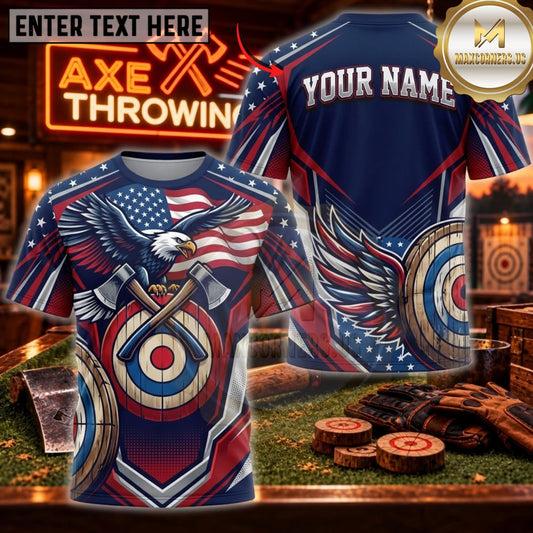 Maxcorners Axe Throwing Patriotic American Eagle Flag Personalized Name 3D Unisex Shirt