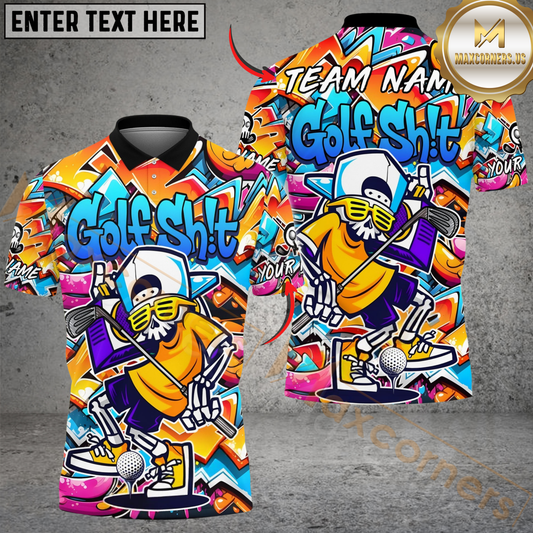 Maxcorners Street Swing Skeleton Golf Polo Shirt, Customized Name & Team Name 3D Shirts (4 Colors)