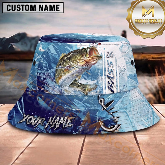 Maxcorners Fishing Dark Camo Fishing Scene with Bold Graphic Personalized Name 3D Bucket Hat (13 Fish Species)