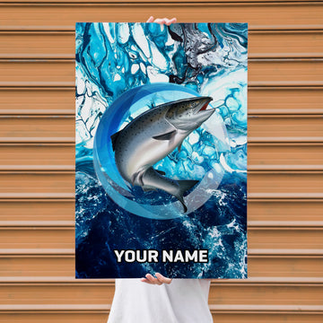 Maxcorners Salmon Fishing Ocean Circle Marble Art Personalized Name 3D Poster