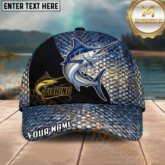 Maxcorners Fishing Gold Scale Black Panel Logo Personalized Name 3D Cap (12 Fish Species)